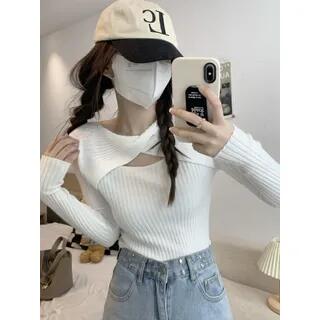 Long-Sleeve Plain Twist Cutout Knit Top White by monroll