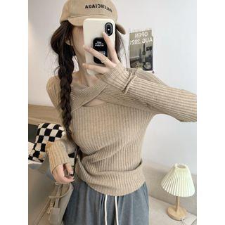 Long-Sleeve Plain Twist Cutout Knit Top Khaki by monroll