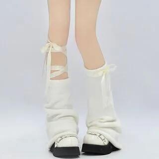 Plain Ribbon Leg Warmers White by Gentiana