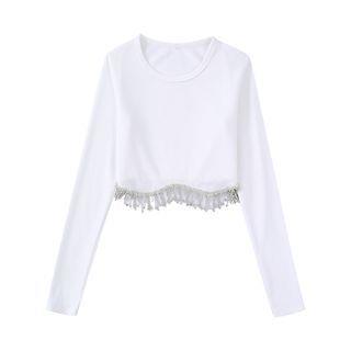 Long-Sleeve Round Neck Rhinestone Tassel Top White by Magma