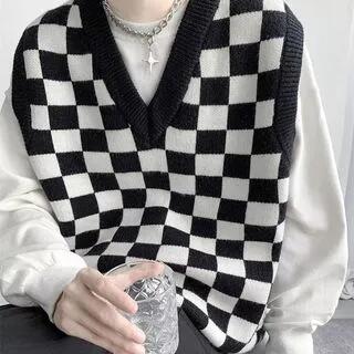 V-Neck Checkerboard Sweater Vest Black by Urtishia
