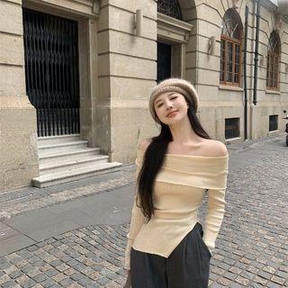 Off-Shoulder Long-Sleeve Asymmetrical Plain Ribbed Knit Top Almond by Magimomo