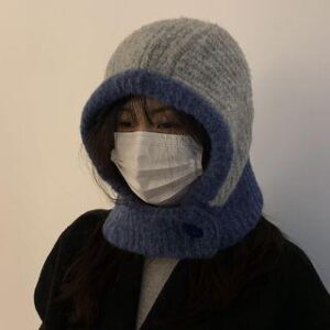 Contrast Trim Knit Balaclava Light Gray & Navy Blue | Pompabee 228010463