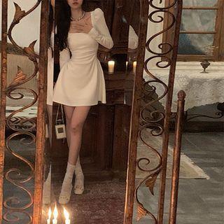 Long-Sleeve Square-Neck Plain Maxi A-line Dress (Various Designs) White - Short by JIYON