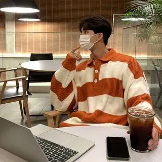 Long-Sleeve Striped Ribbed Polo-Neck Sweater Stripes - Tangerine by Okwano
