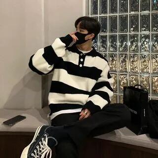 Long-Sleeve Striped Ribbed Polo-Neck Sweater Stripes - Black by Okwano