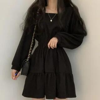 Balloon-Sleeve Square Neck Plain Mini A-Line Dress Black by Sienne
