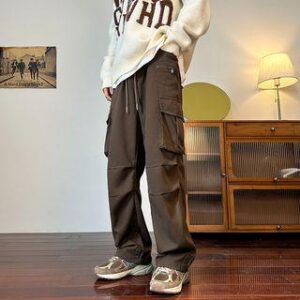 Drawstring High-Waist Straight-Cut Loose Cargo Pants Brown 228437048