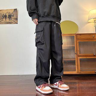 Drawstring High-Waist Straight-Cut Loose Cargo Pants Black by Zentrus
