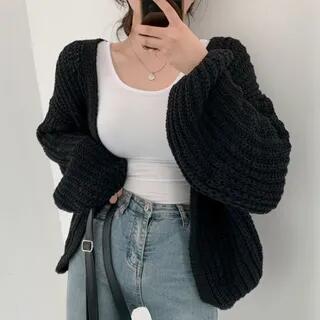 L - Long-Sleeve Plain Cardigan Black by OUREA