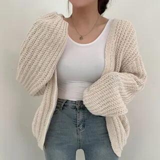L - Long-Sleeve Plain Cardigan White by OUREA