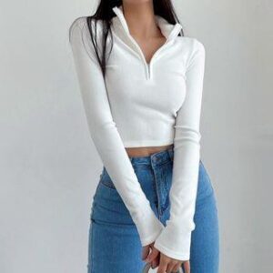 Long-Sleeve Collar Zip-Up Plain Crop Top White 228437185