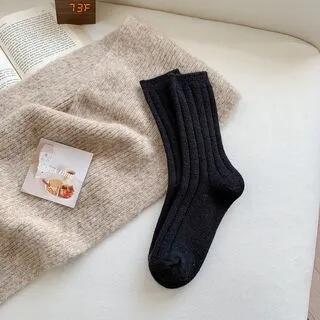 Striped Plain Mid-Calf Socks Black by Gentiana