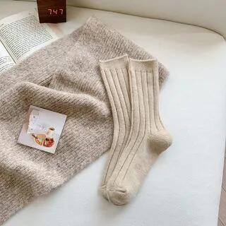 Striped Plain Mid-Calf Socks Light Camel by Gentiana