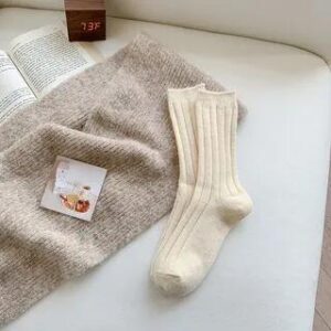 Striped Plain Mid-Calf Socks Beige 228437246