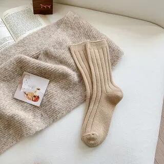 Striped Plain Mid-Calf Socks Dark Camel by Gentiana