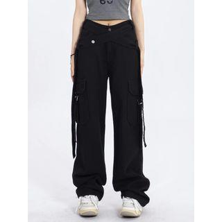 V Waistline Straight-Fit Wide-Leg Cargo Pants Black by Rosesand