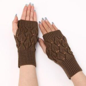 Eyelet Fingerless Knit Gloves Khaki 228437256