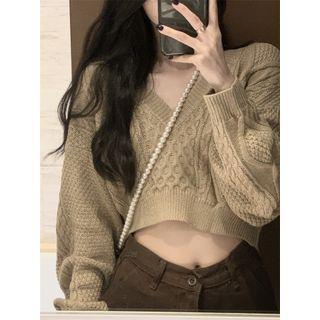 V-Neck Cable Knit Cropped Sweater Camel by Metonymph