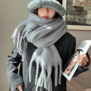 Plain Fringed Scarf Purple Gray by 4.4 STUDIO