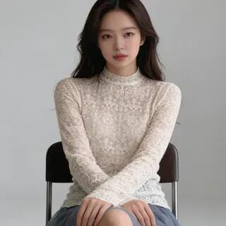 Long-Sleeve Mock Neck Lace Blouse Almond by Odestra