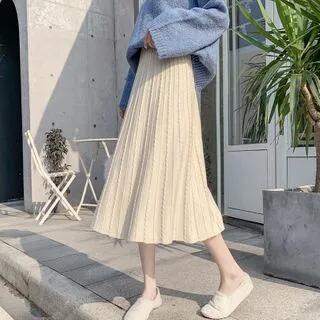 Cable-Knit Midi A-Line Skirt Coffee by Juuri