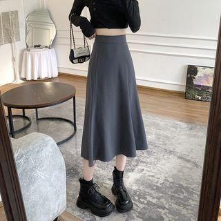 High Waist Plain Midi A-Line Skirt Gray by Shinsei
