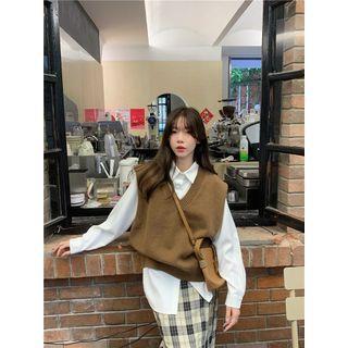 Plain Shirt / V-Neck Plain Sweater Vest Vest - Khaki by Moon City