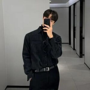 Long-Sleeve Plain Corduroy Shirt 601 - Black 228991696