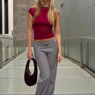 Short Sleeve Open-Back Plain Slim-Fit Crop Top Wine Red by Asiris