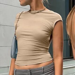 Short Sleeve Open-Back Plain Slim-Fit Crop Top Khaki by Asiris