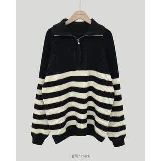 Half-Zip Striped Sweater Black by PINPI