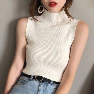 Mock-Neck Sleeveless Ribbed Knit Top Black by Gwendolyn