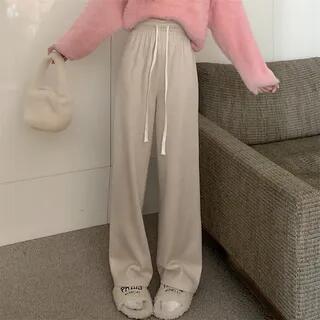 Drawstring Waist Straight Leg Pants Khaki by monroll