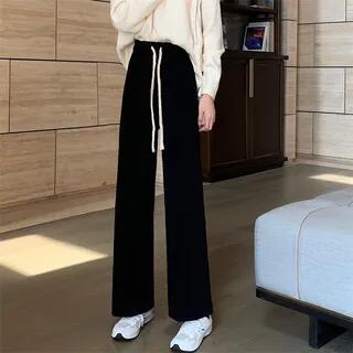 Drawstring Waist Straight Leg Pants Black by monroll