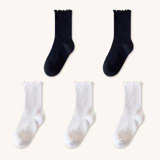 Ruffle Trim Socks Set Set of 5 - 2 Pcs Black & 3 Pcs - White by Mimiyu