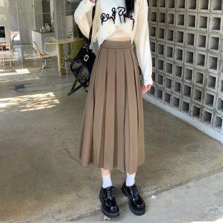 High Waist Pleated Midi A-Line Skirt Khaki by Shinsei