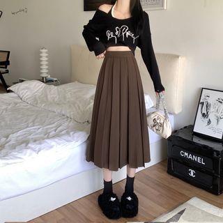 High Waist Pleated Midi A-Line Skirt Coffee by Shinsei