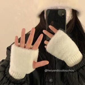 Fluffy Panel Knit Fingerless Gloves White 229428493