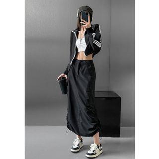 High-Waist Drawstring-Side Cargo Maxi Skirt Black by Bolgivy