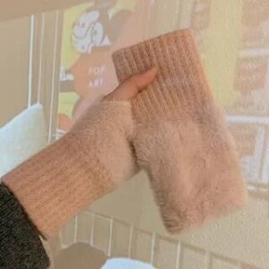 Fluffy Panel Knit Fingerless Gloves Pink 229428508
