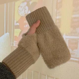 Fluffy Panel Knit Fingerless Gloves Khaki by Pompabee