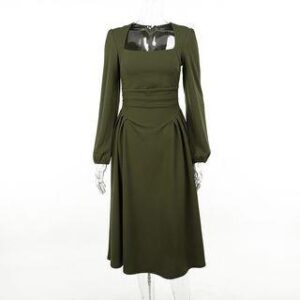 Puff-Sleeve Queen Anne-Neckline Plain Shirred Midi A-Line Dress Green 229428792