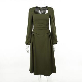 Puff-Sleeve Queen Anne-Neckline Plain Shirred Midi A-Line Dress Green by Alizio