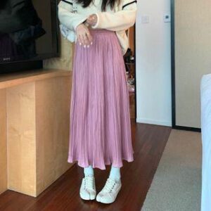 High-Rise Plain Accordion Pleat Midi A-Line Skirt Pink 229428987