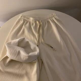 Drawstring Waist Corduroy Loose Fit Pants Milky White - With Fleece Lining by monroll