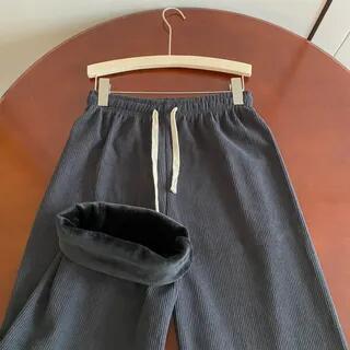 Drawstring Waist Corduroy Loose Fit Pants Dark Gray - With Fleece Lining by monroll