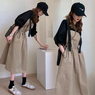 Set: Elbow-Sleeve Plain Blouse + Pinafore Dress Set Of 2 - Blouse & Dress - Black & Khaki by Rosy Street