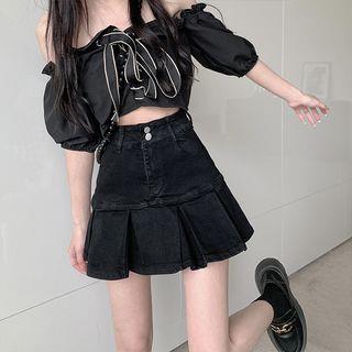 High-Waist Pleated A-Line Denim Mini Skirt Black by Yako