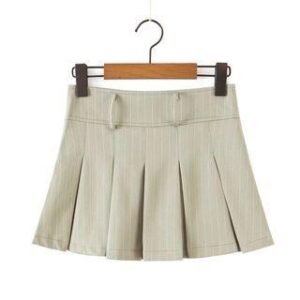 High-Waist Striped Mini Pleated Skirt Light Khaki 230224508